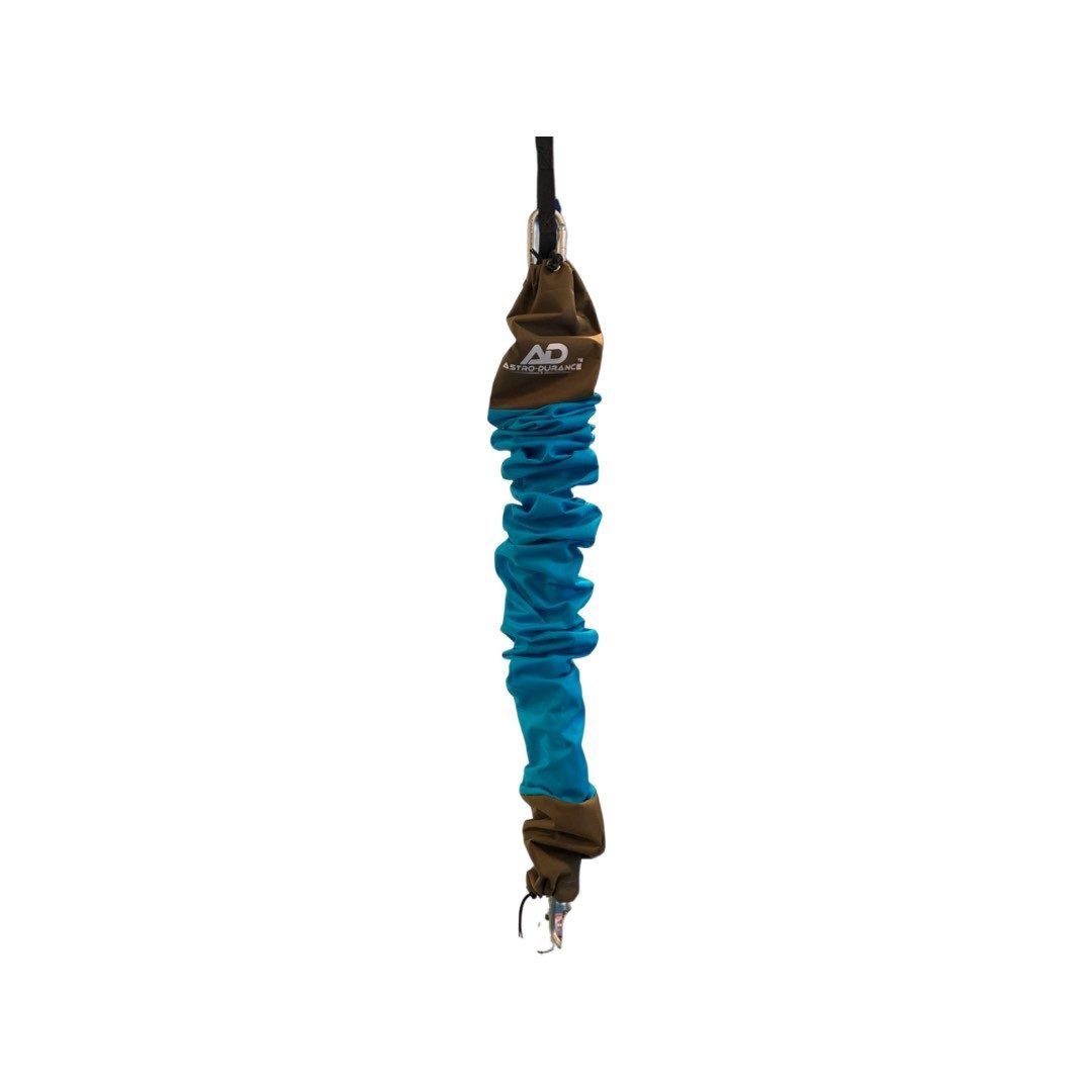 Versatile brown and blue outdoor lanyard with bungee for secure attachment and shock absorption.