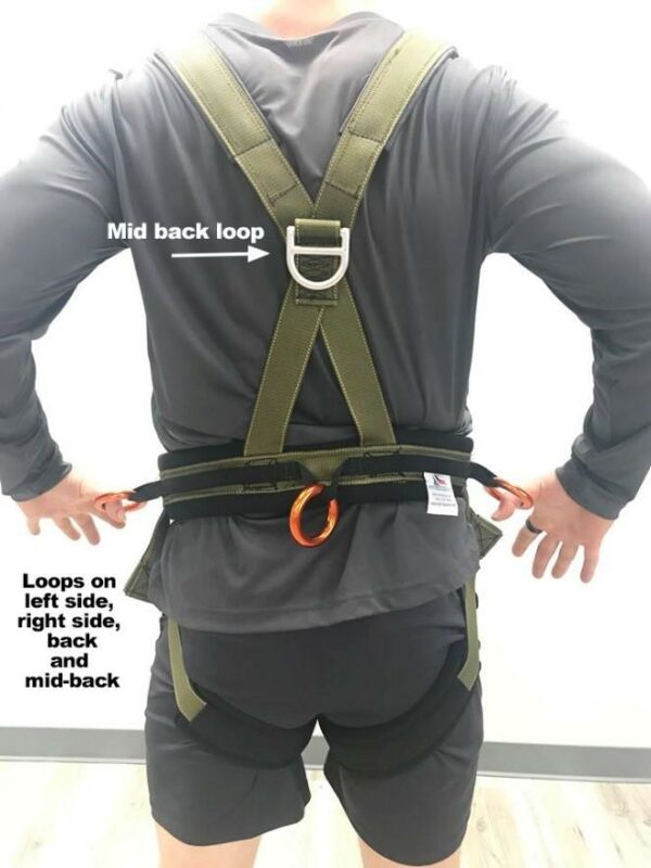 Safety climbing harness with adjustable loops and support for secure outdoor activities.