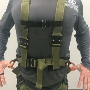 Tactical harness for outdoor activities, featuring adjustable straps and durable olive green design.